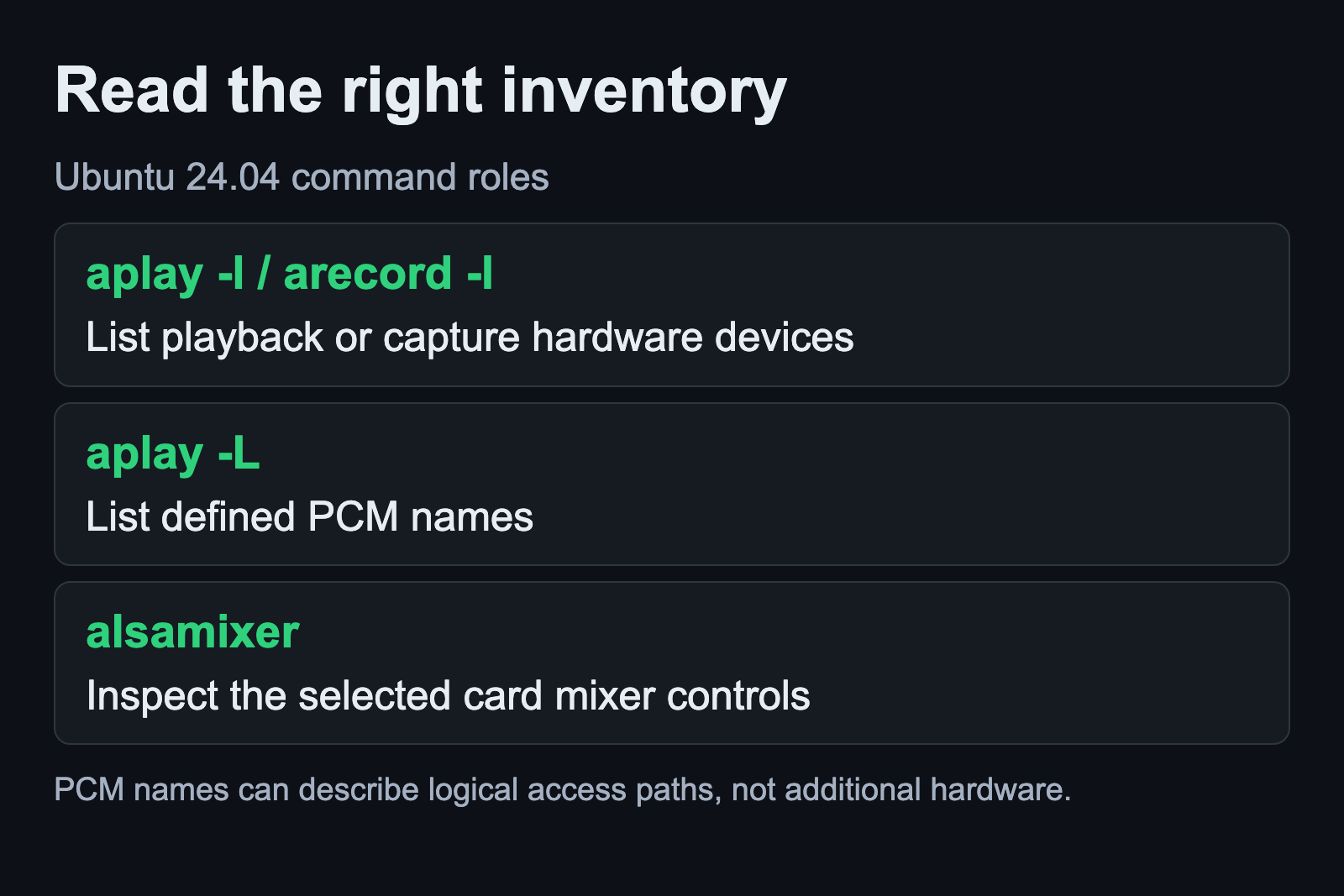Device inventory, PCM names and mixer controls answer different questions