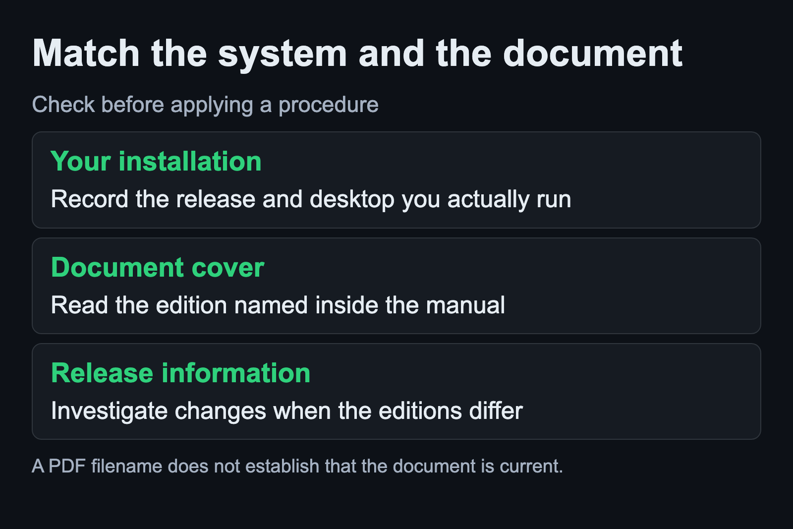 Compare the installed release, document edition and release information before applying instructions