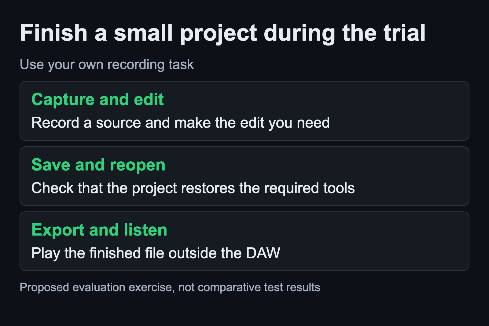 Record and edit a source, save and reopen the project, then export and listen outside the DAW