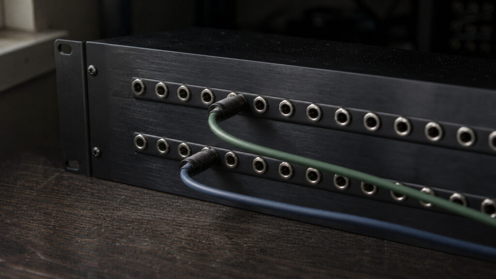 Generic audio patchbay with connected cables in a recording workspace