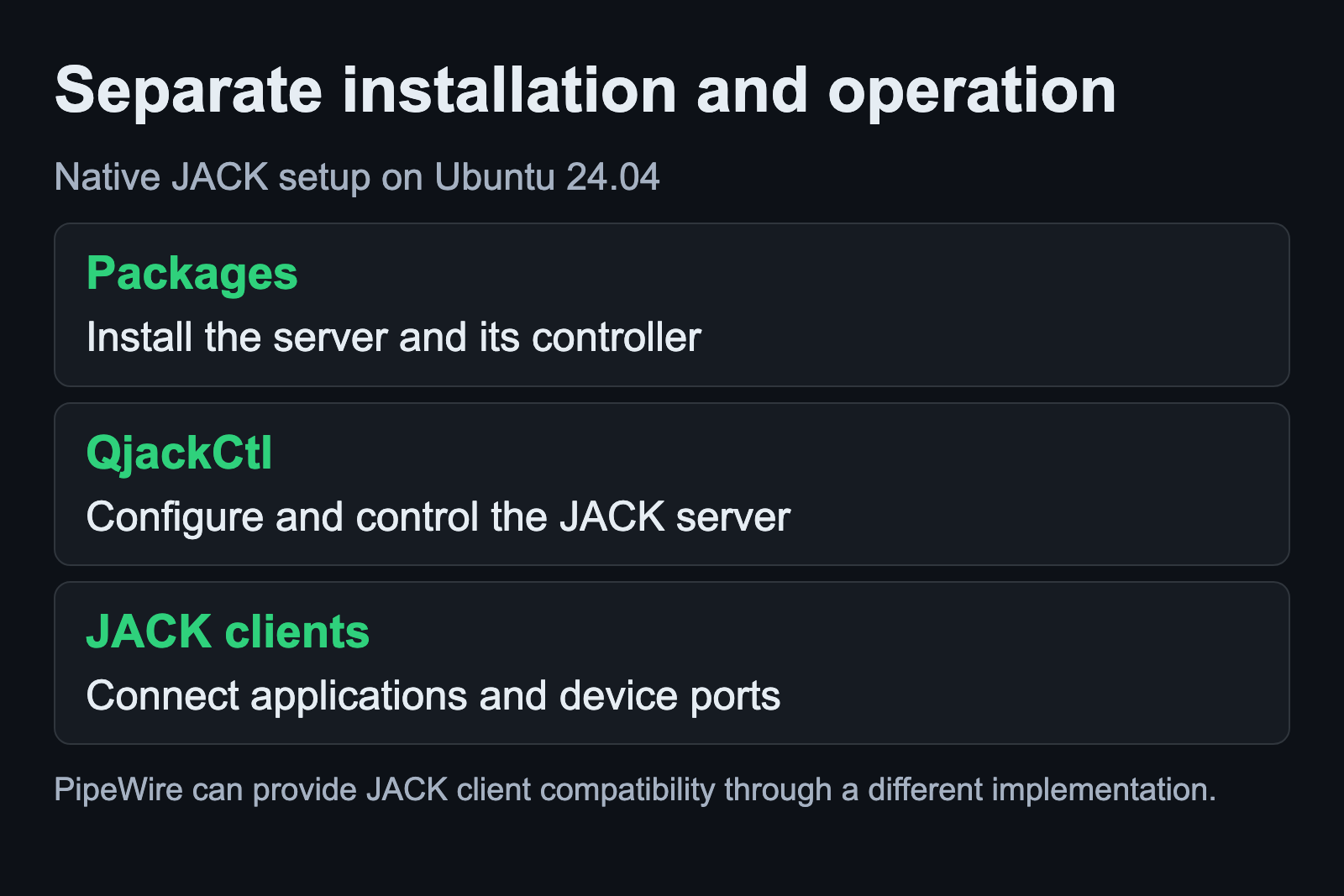 Package manager installs software, QjackCtl controls the server and JACK connects clients
