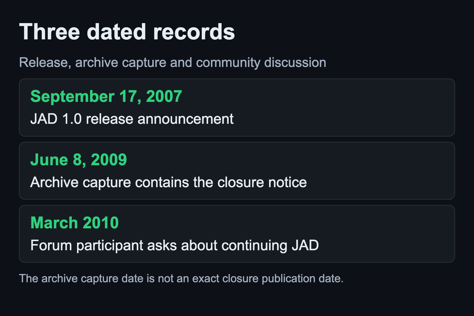 September 2007 release, June 2009 archive capture and March 2010 community discussion
