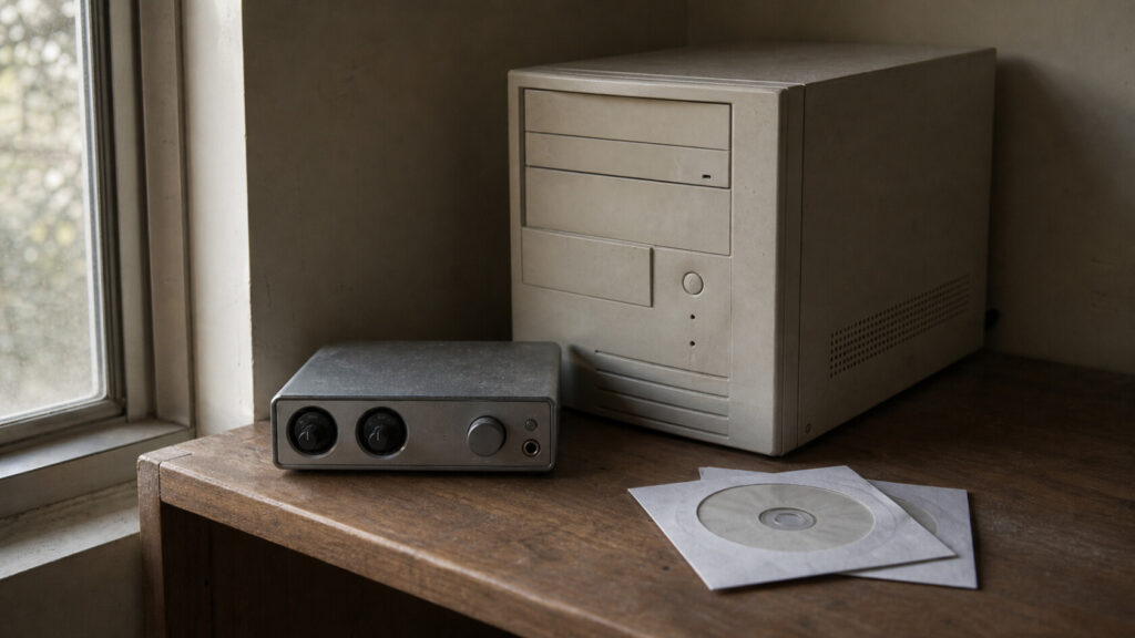 Illustration of a generic older computer, audio interface and unmarked optical discs