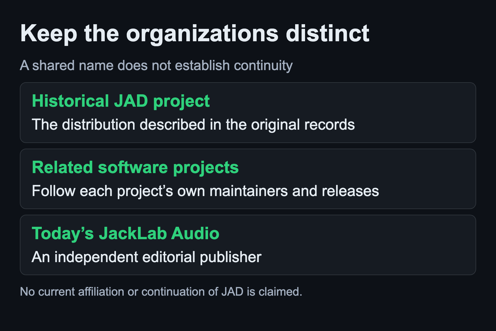 Historical JAD, separately maintained software and today’s independent publisher