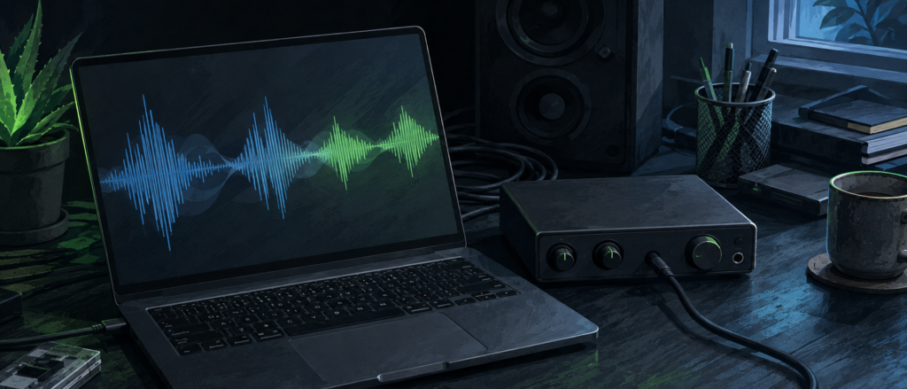 Illustration of a laptop waveform beside a desktop audio interface