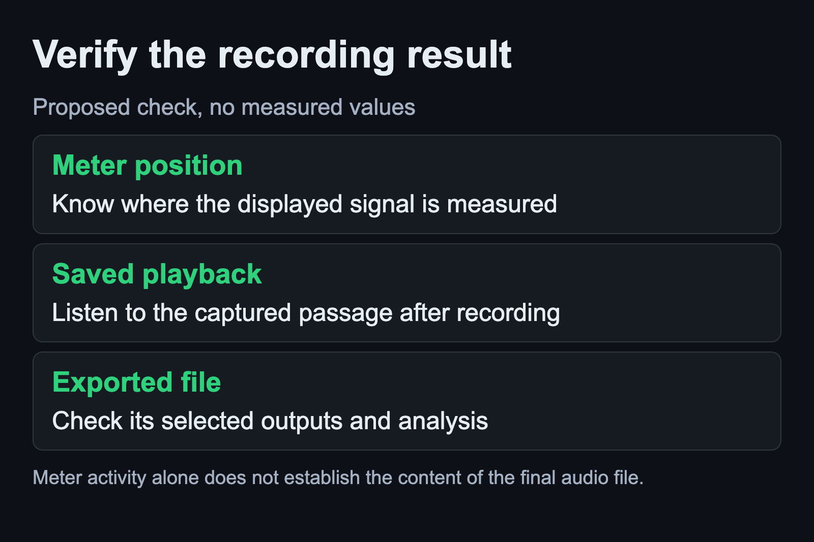 Identify the meter position, check saved playback and inspect the exported file