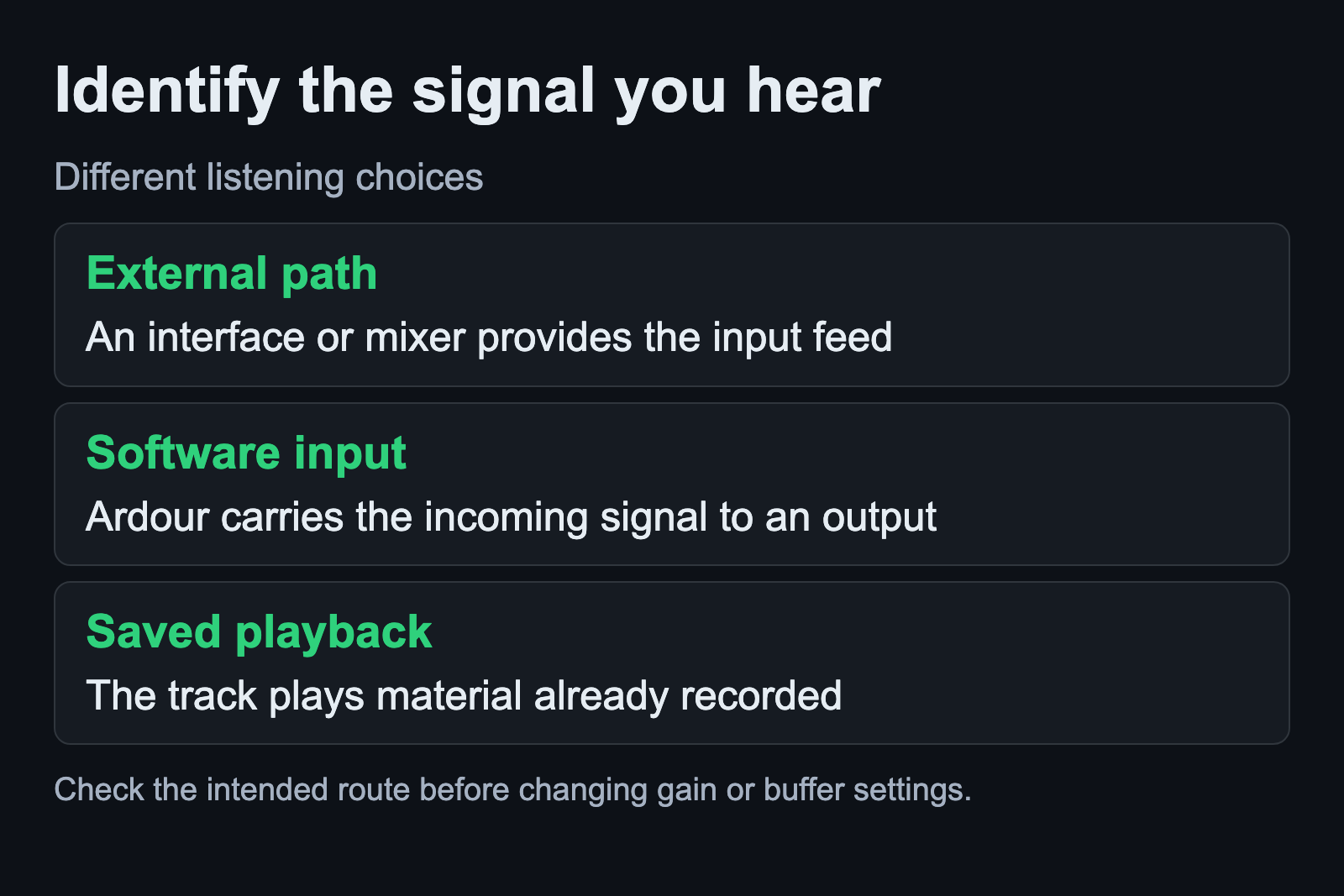 Distinguish interface monitoring, software input monitoring and saved playback