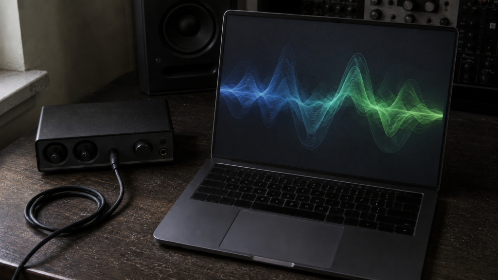 Abstract colored waveform on a laptop in a recording workspace