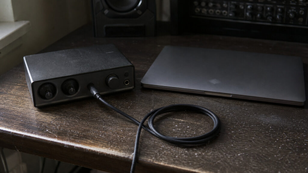 Generic audio interface with a connected cable beside a closed laptop