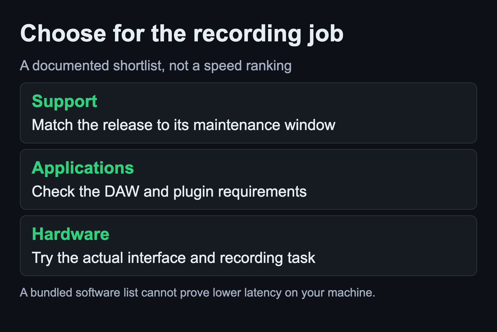 Choose a distribution by support, required applications and a hardware trial