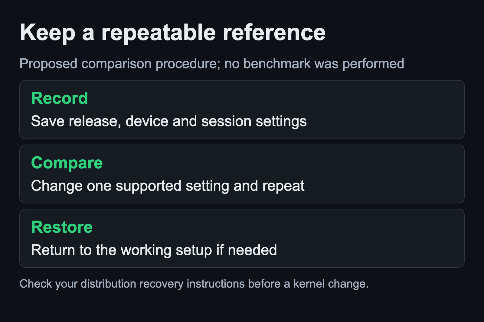 Record a working reference, compare one supported change and restore if needed