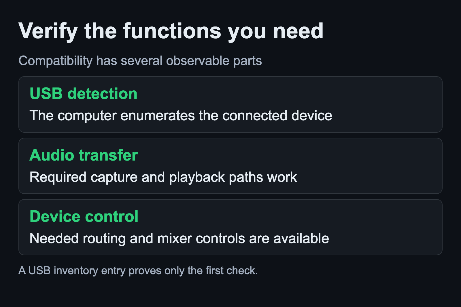 USB detection, audio capture and playback, and device control require separate checks
