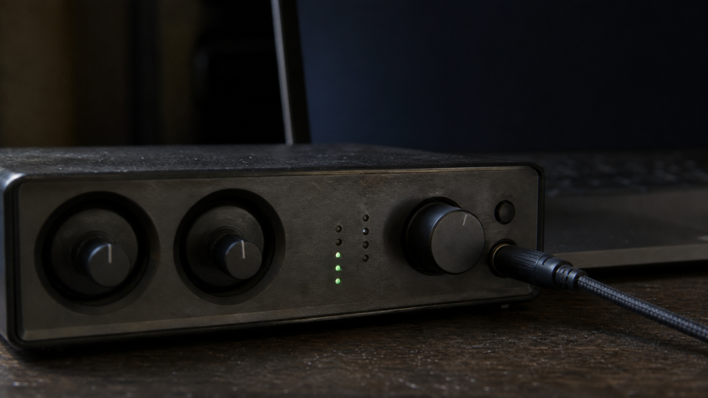 Generic USB-style audio interface with a headphone cable connected