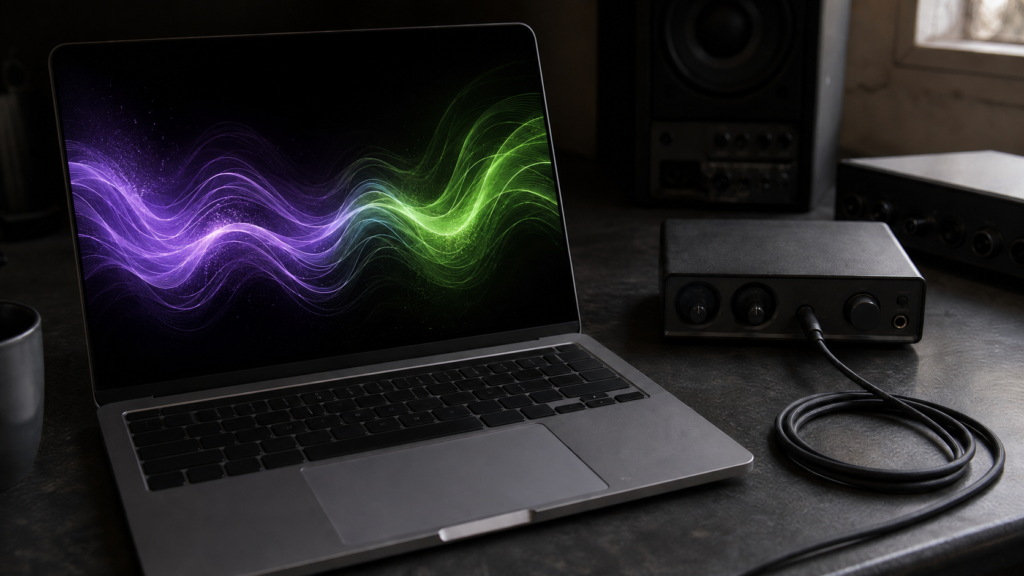 A laptop with an abstract violet and green waveform beside a connected audio interface